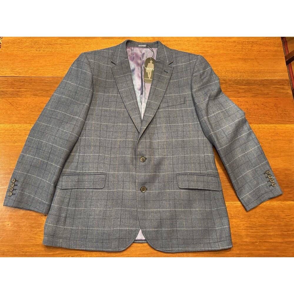 New 46 Short Samuel Windsor Wool Blazer Blue Windowpane Plaid Trad